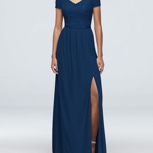 David's Bridal bridesmaid dress, marine, navy blue, off the shoulder, size 14